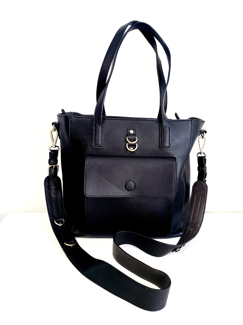 Indigo Black Shoulder Tote with Front Pocket and Detachable Strap